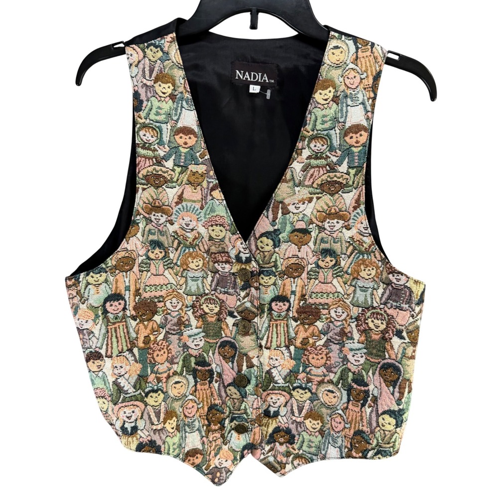 Vintage 90s Children Of The World Tapestry Vest Folk Art Teacher Kidcore Size L‎